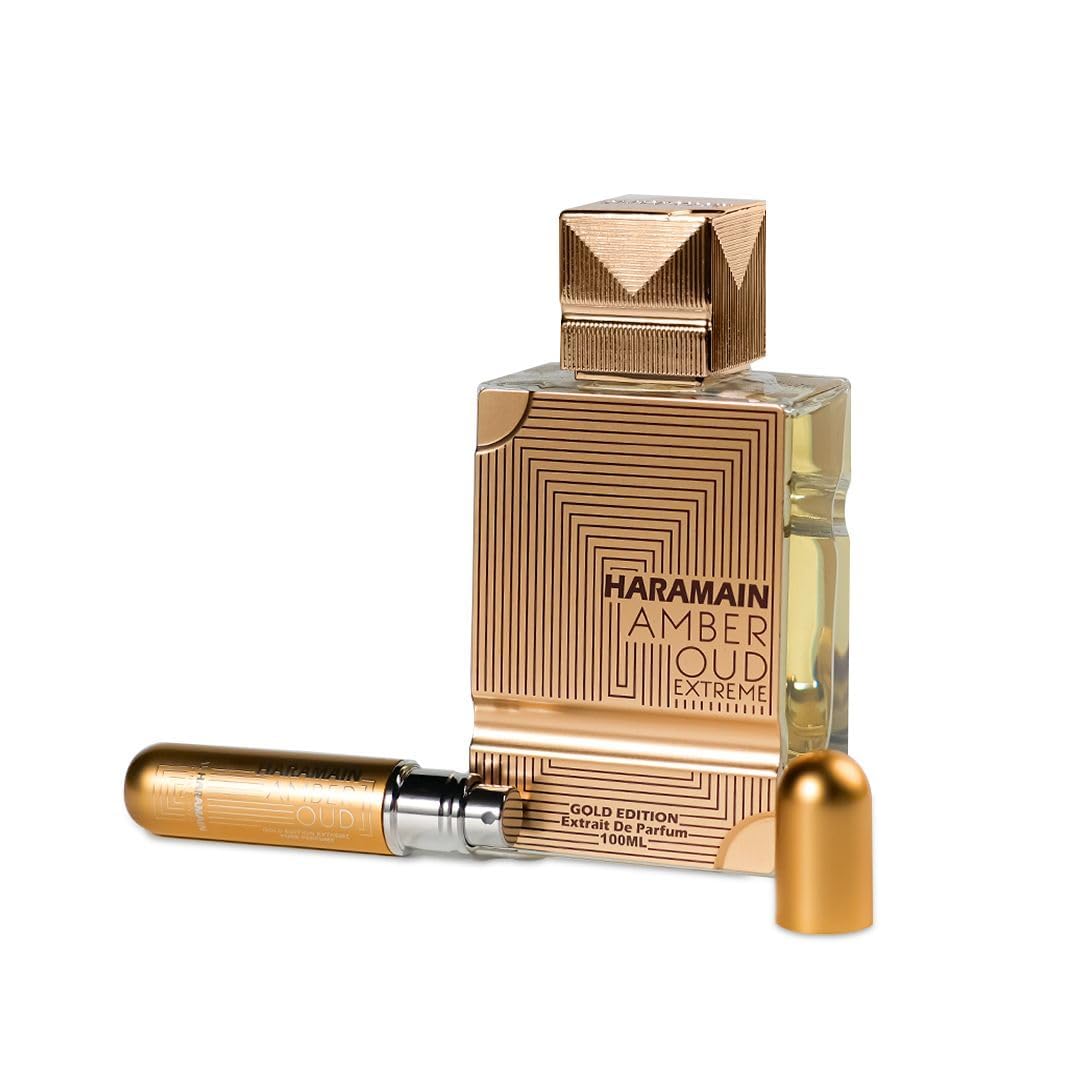 Al Haramain bottle front view showing elegant gold design and premium presence