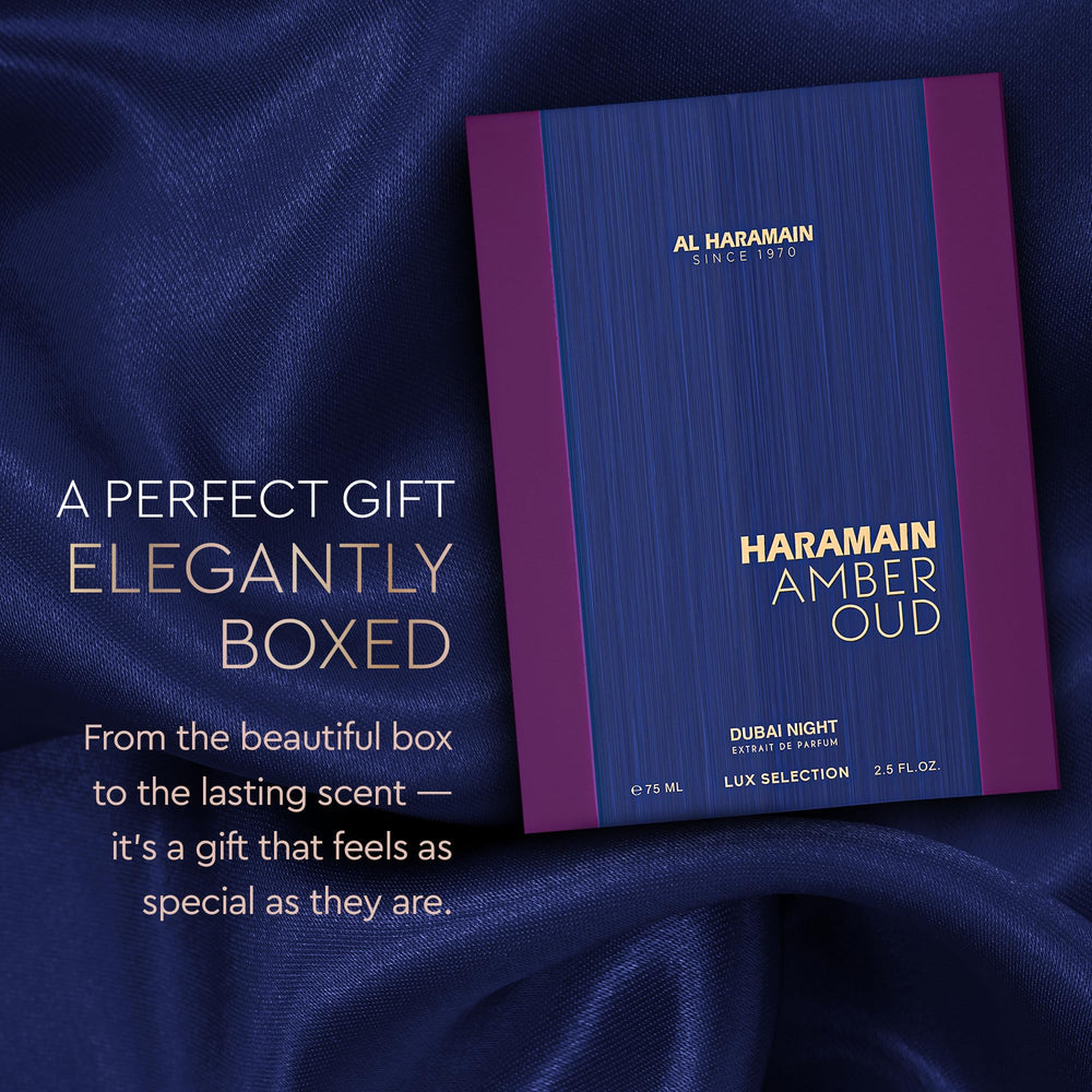 Al Haramain bottle on evening table suggesting warm, confident night-time wear