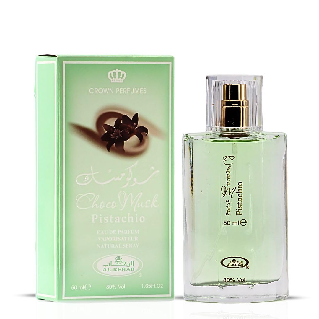 Al-Rehab Choco Musk Pistachio front bottle highlighting nutty warmth