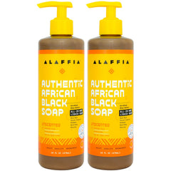 Alaffia two 16 oz pump bottles front view showing brand and unscented formula benefit