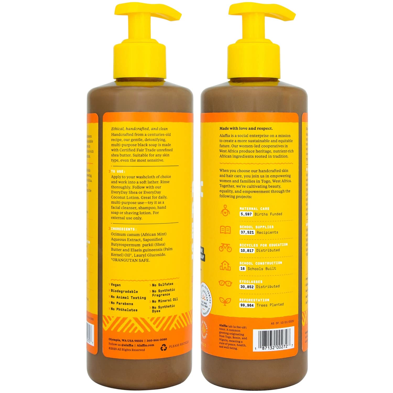 Alaffia pump and label close-up highlighting ingredient transparency and easy dispensing