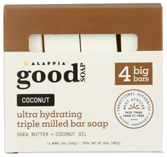 Alaffia front packaging showing four 20 oz coconut soap bars and clear branding benefits