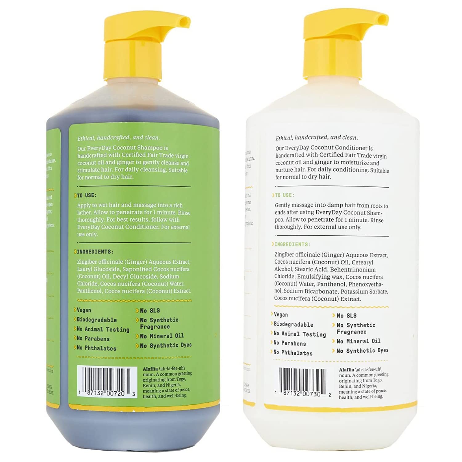 Alaffia shampoo pump close-up showing ginger and coconut cleansing benefit