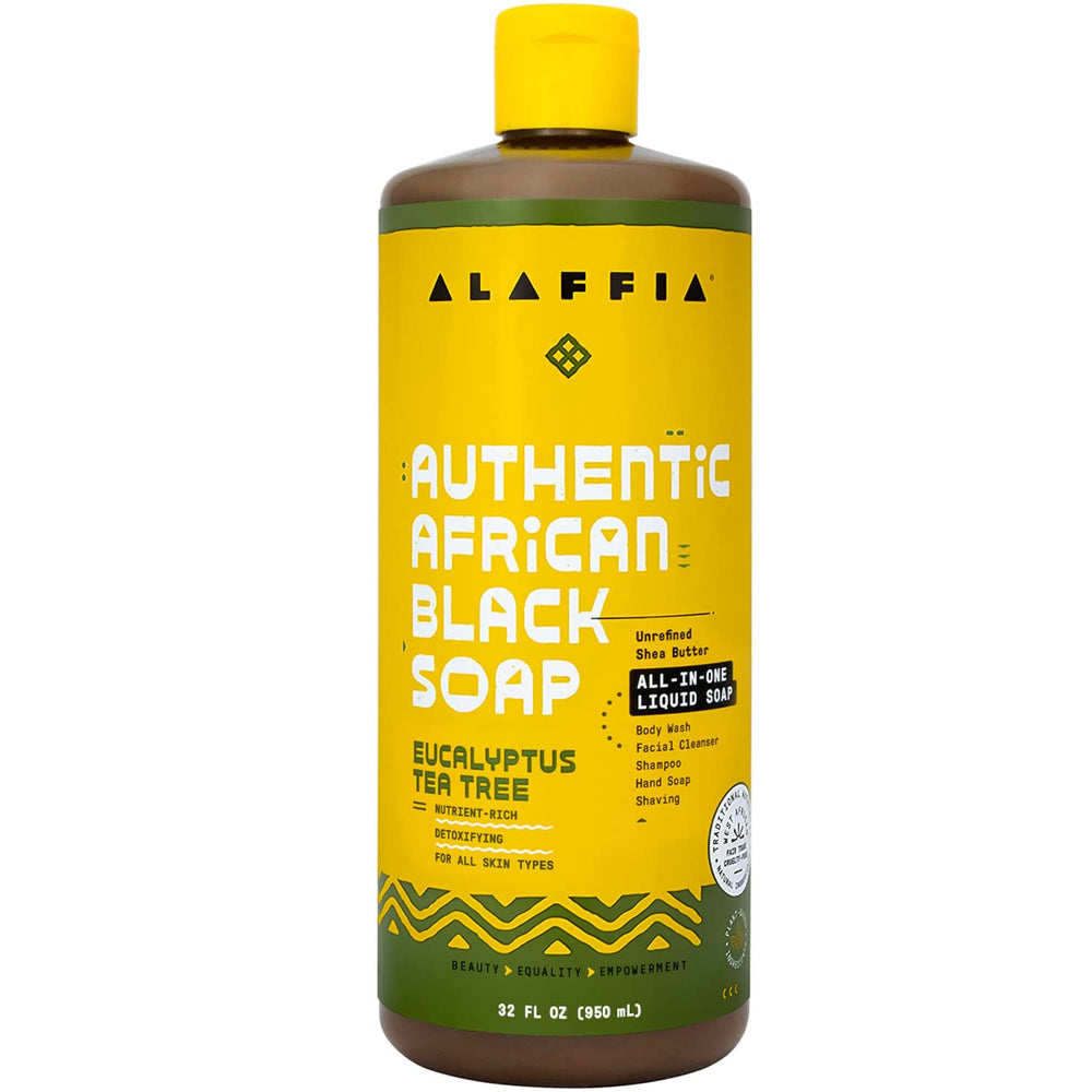 Alaffia front bottle showing eucalyptus tea tree and fair trade benefits