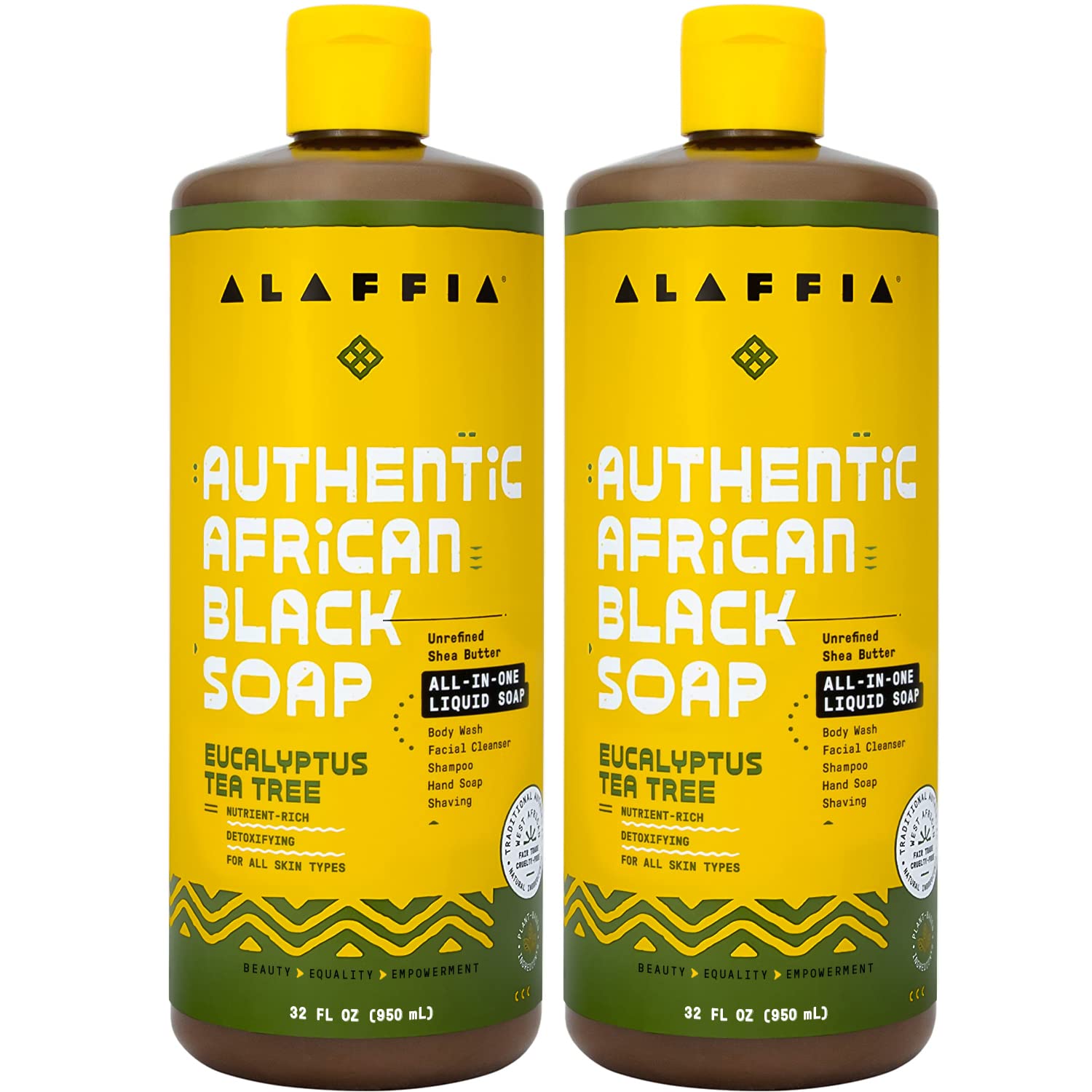 Alaffia front packaging showing two 32 oz bottles and eucalyptus scent benefit