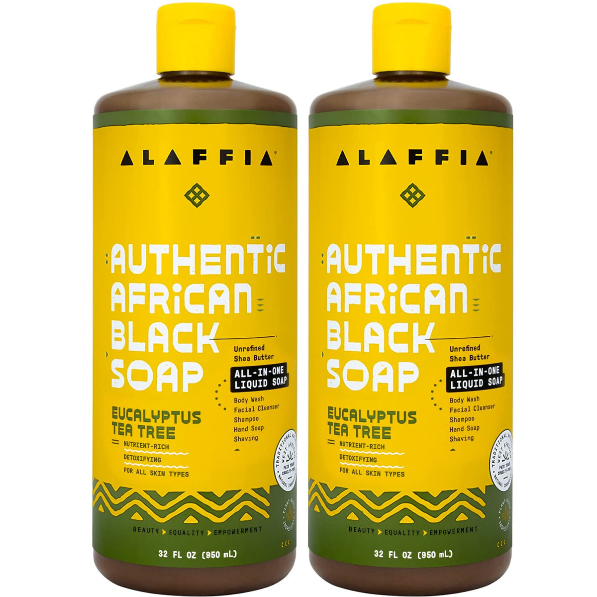 Alaffia front packaging showing two 32 oz bottles and eucalyptus scent benefit
