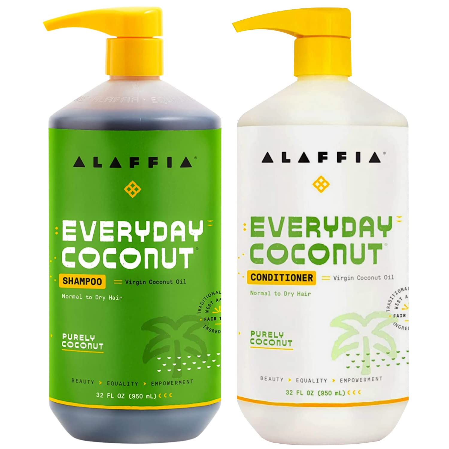 Alaffia shampoo and conditioner front view showing full 32 oz pairing benefits