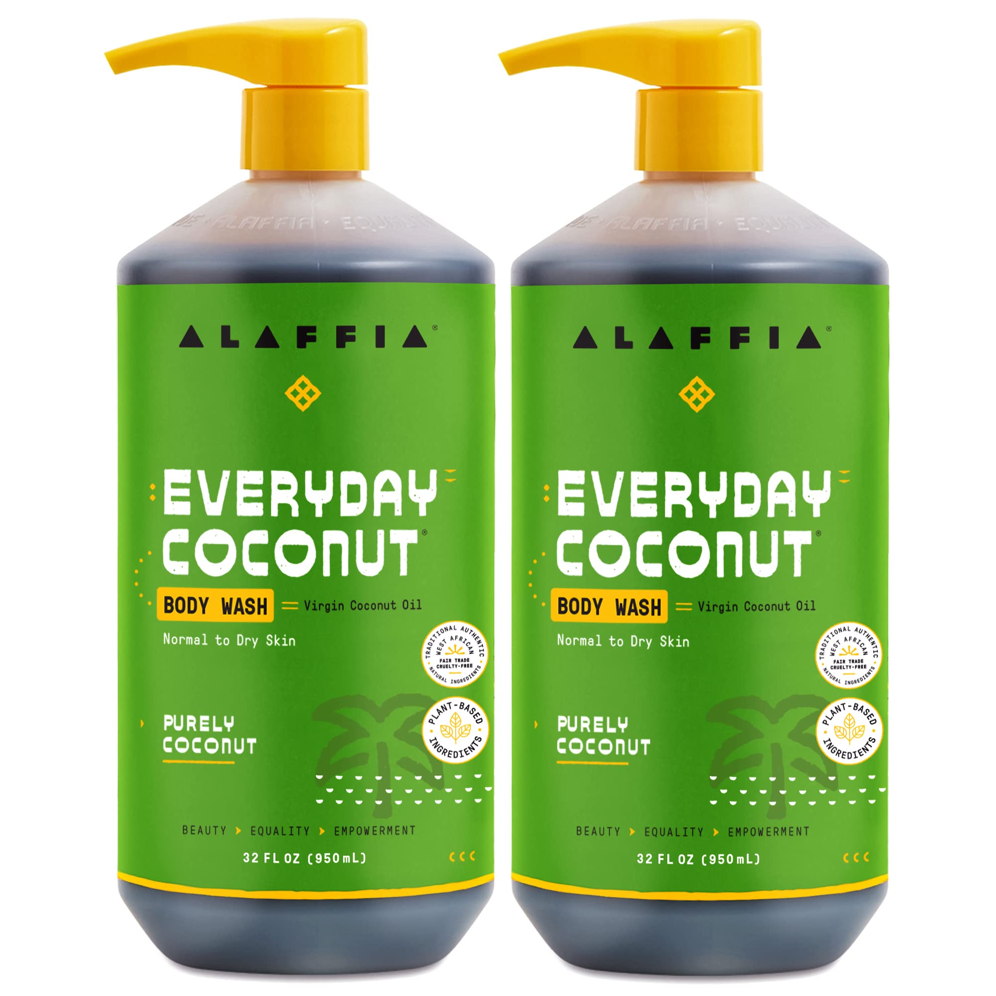 Alaffia front packaging of two 32 oz bottles showing brand and product benefits