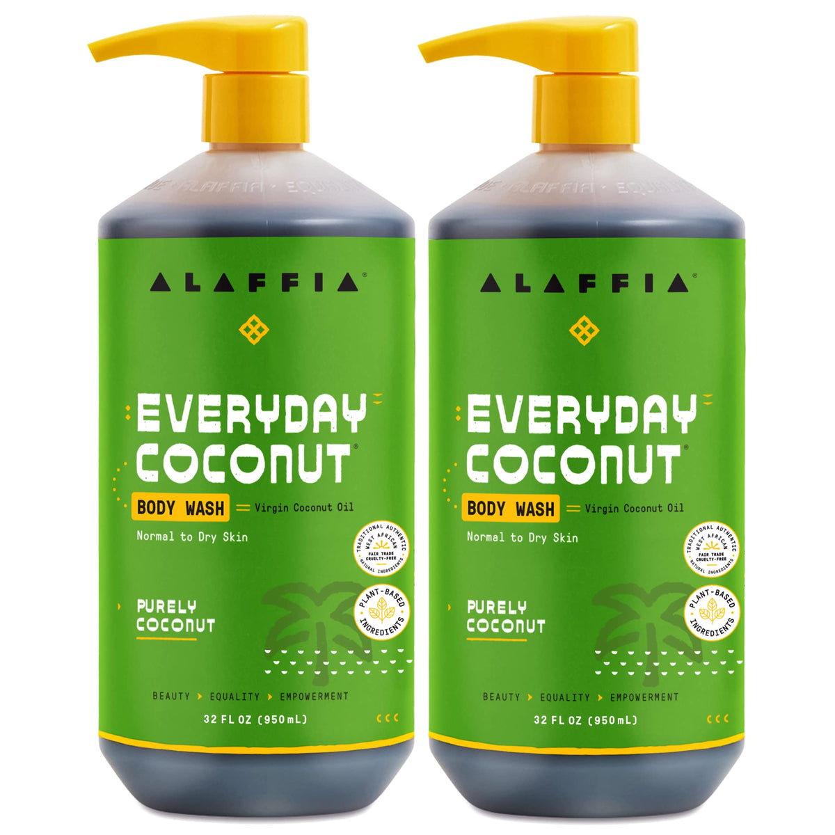 Alaffia front packaging of two 32 oz bottles showing brand and product benefits