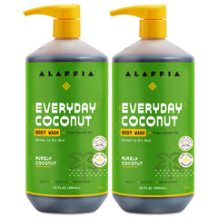 Alaffia front packaging of two 32 oz bottles showing brand and product benefits
