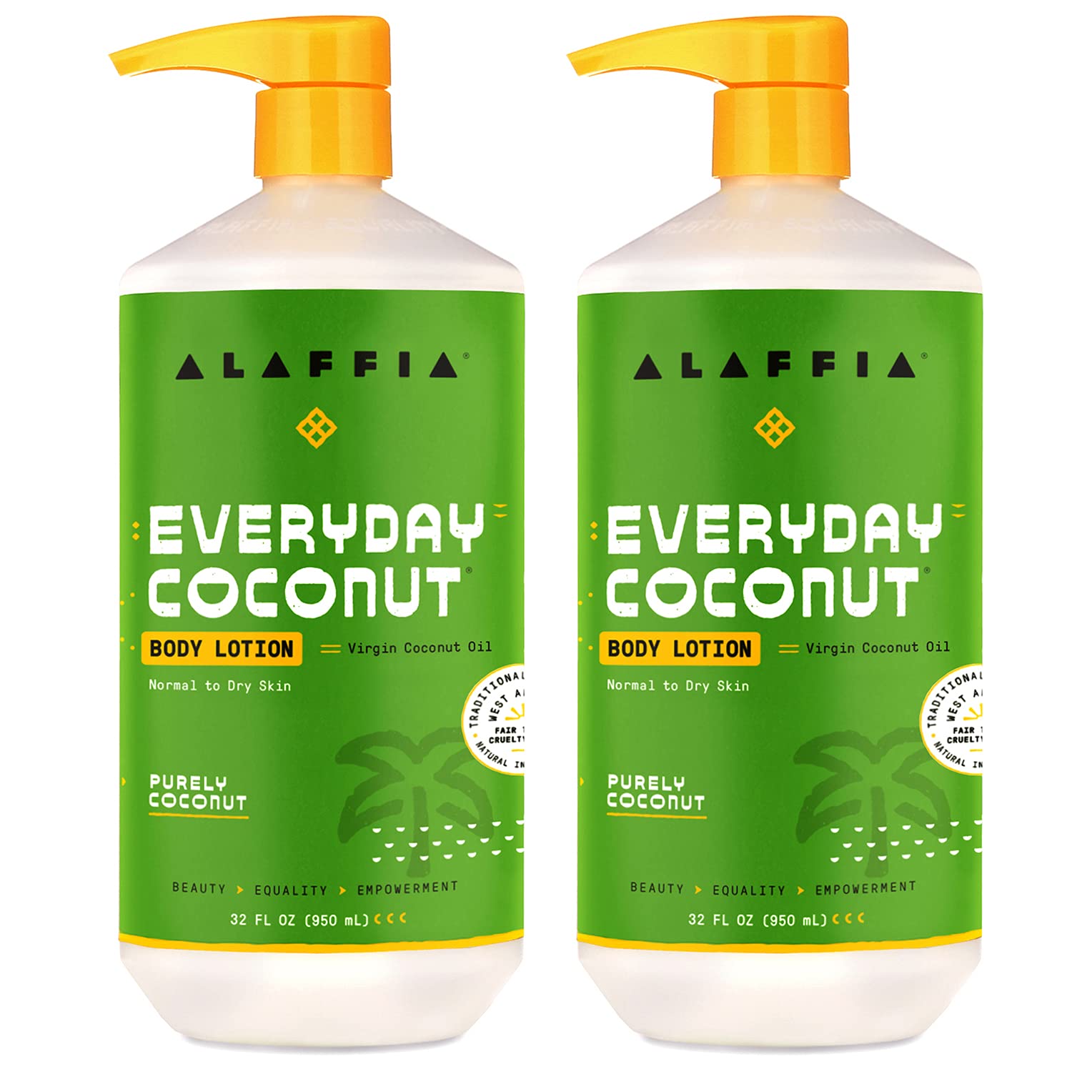 Alaffia front packaging of EveryDay Purely Coconut lotion showing size and label benefits