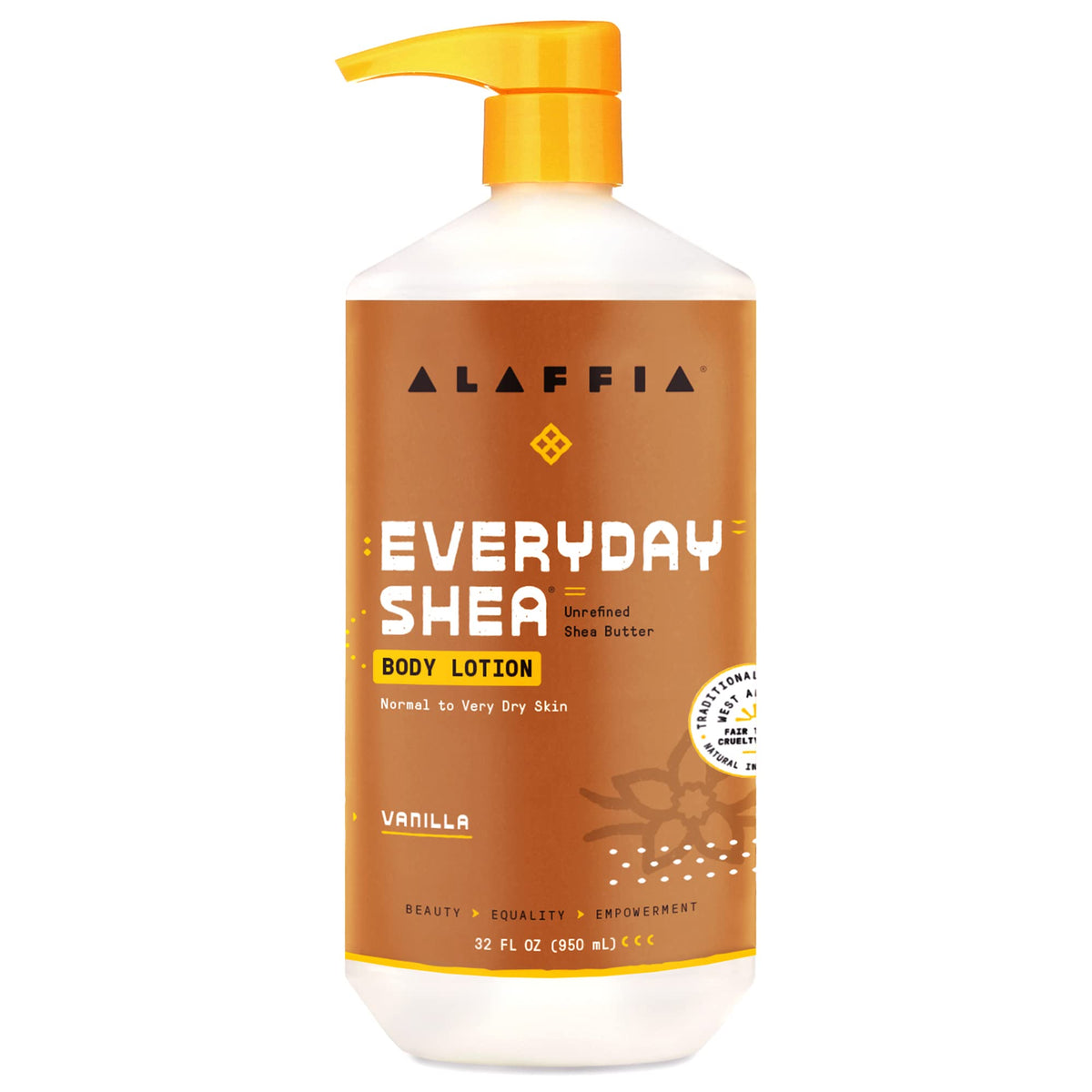Alaffia front packaging of 32 fl oz lotion showing product and fair-trade badge