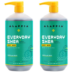 Alaffia front packaging showing two 32 oz bottles and product benefits