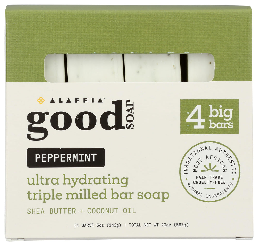 Alaffia front packaging showing four peppermint soap bars and value pack benefit