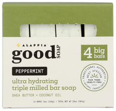 Alaffia front packaging showing four peppermint soap bars and value pack benefit