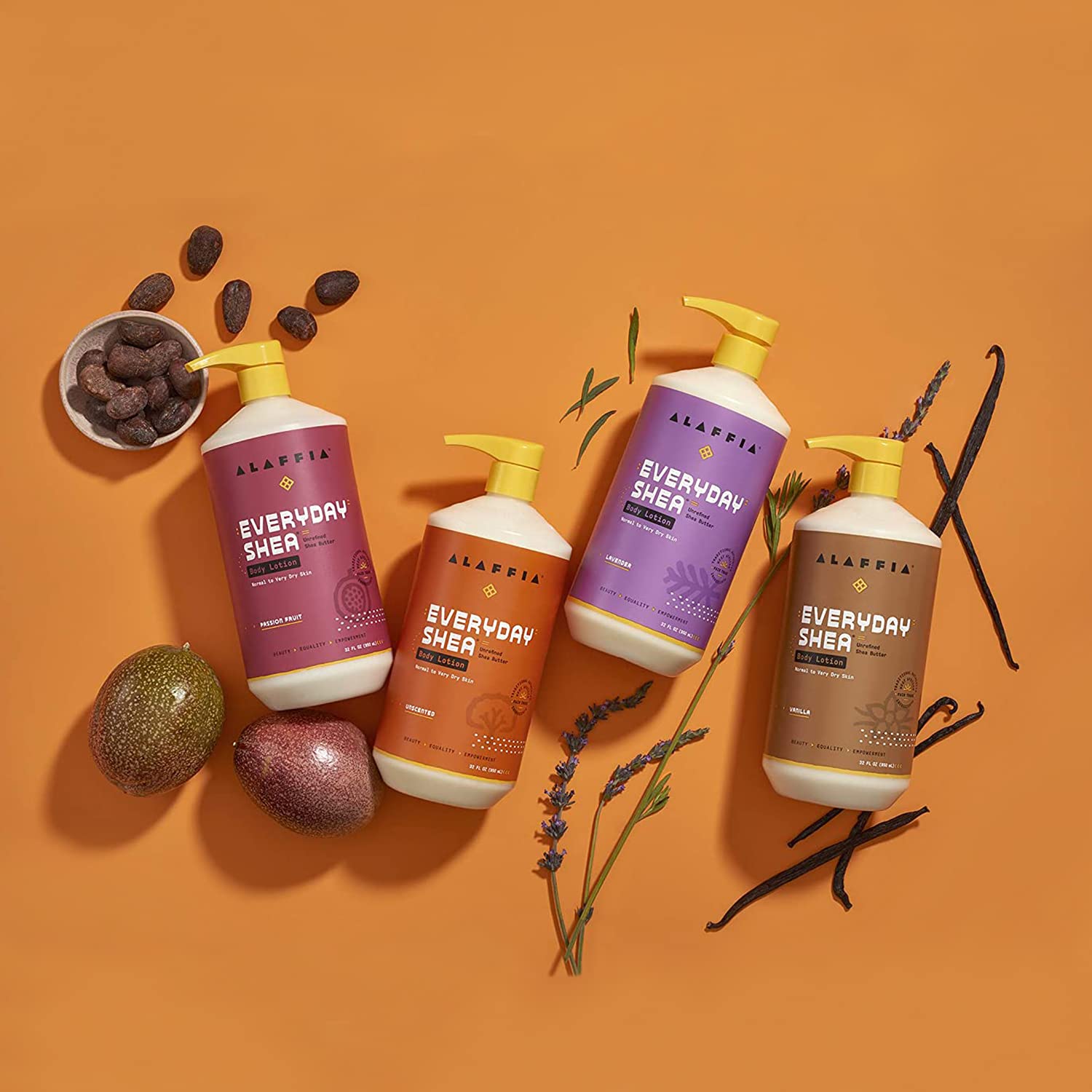 Alaffia lavender and lemongrass botanicals representing calming scent