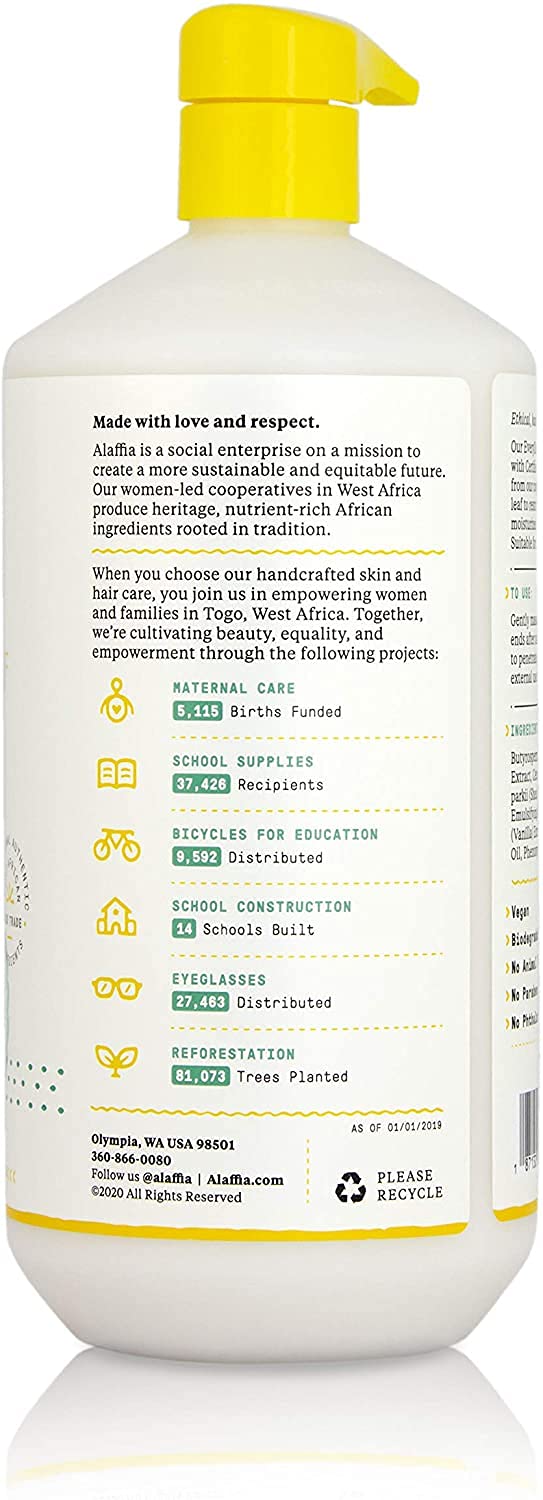 Alaffia pump and label close-up highlighting fair-trade sourcing benefit