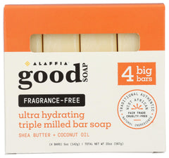 Alaffia front packaging showing four unscented shea soap bars and value savings