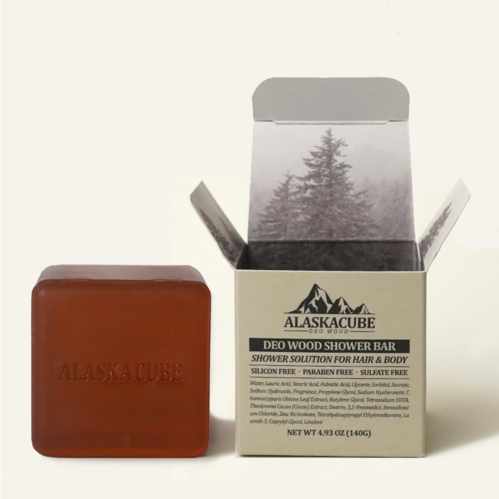 Alaskacube front packaging showing elegant sandalwood soap, promotes easy storage