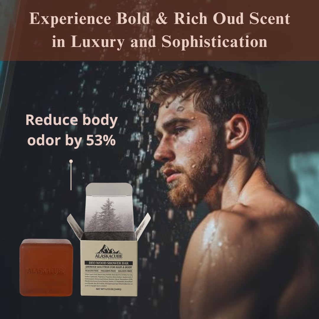 Alaskacube bar in shower hand, illustrating 3-in-1 wash, shampoo and deodorant use