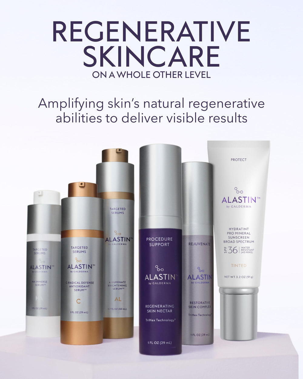 ALASTIN Skincare bottle beside serum illustrating layering compatibility and smooth absorption