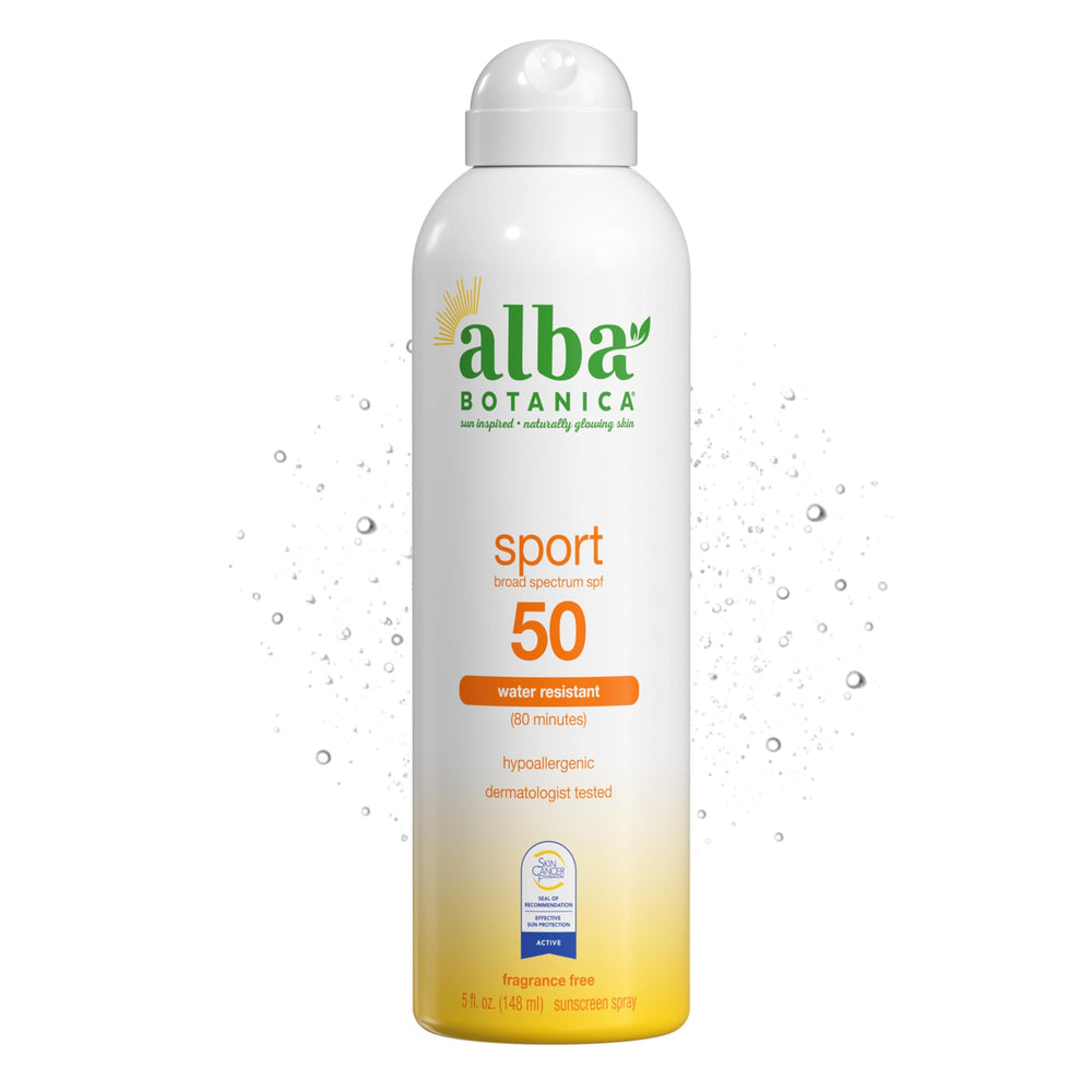 Alba Botanica front packaging showing SPF 50 benefits and quick application