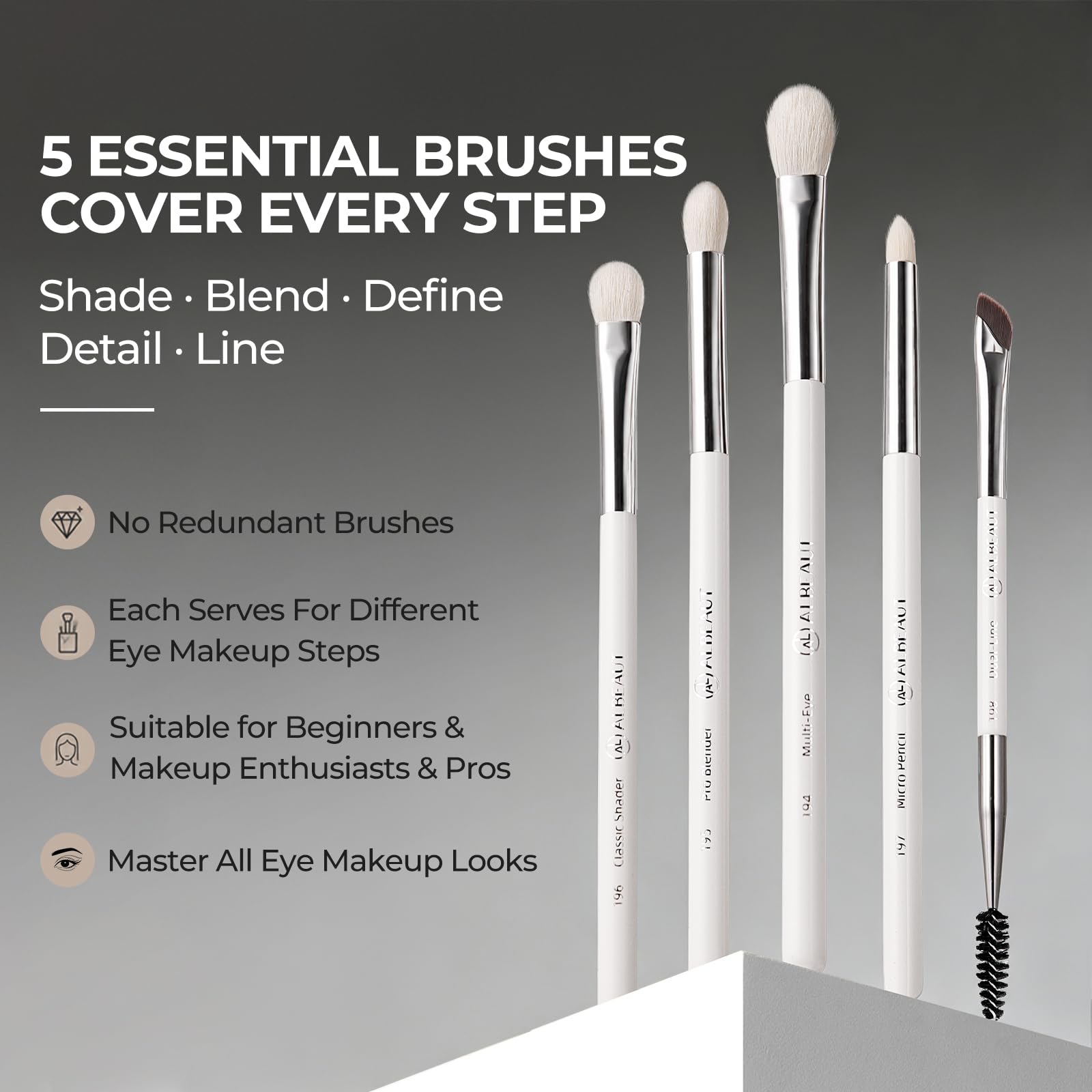 ALBEAUT five brushes laid out showing unique shapes and uses