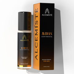 ALCEMÍSTÉ rollerball front view showing amber wood scent and compact size for confidence