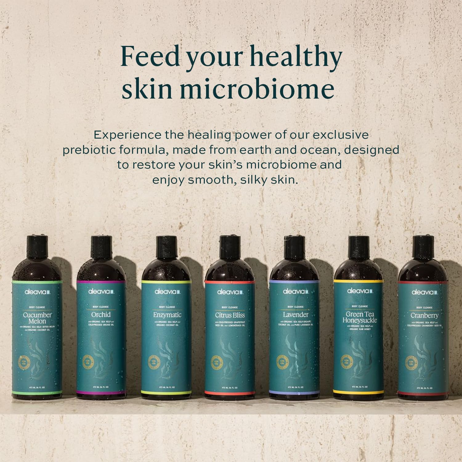 Aleavia body wash in shower setting, conveys calming and refreshing use