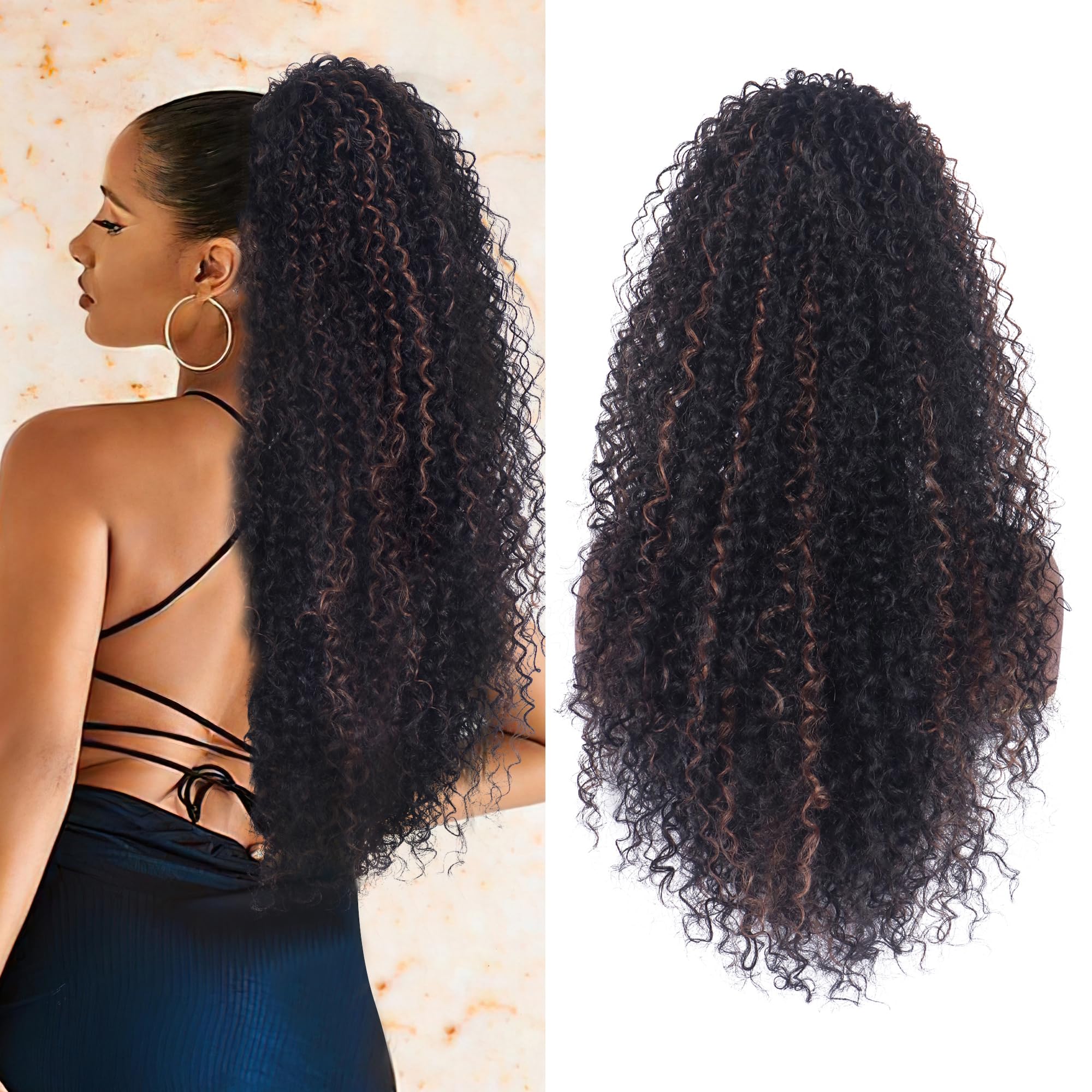 Alebery front view of brown highlight ponytail showing full length and curls