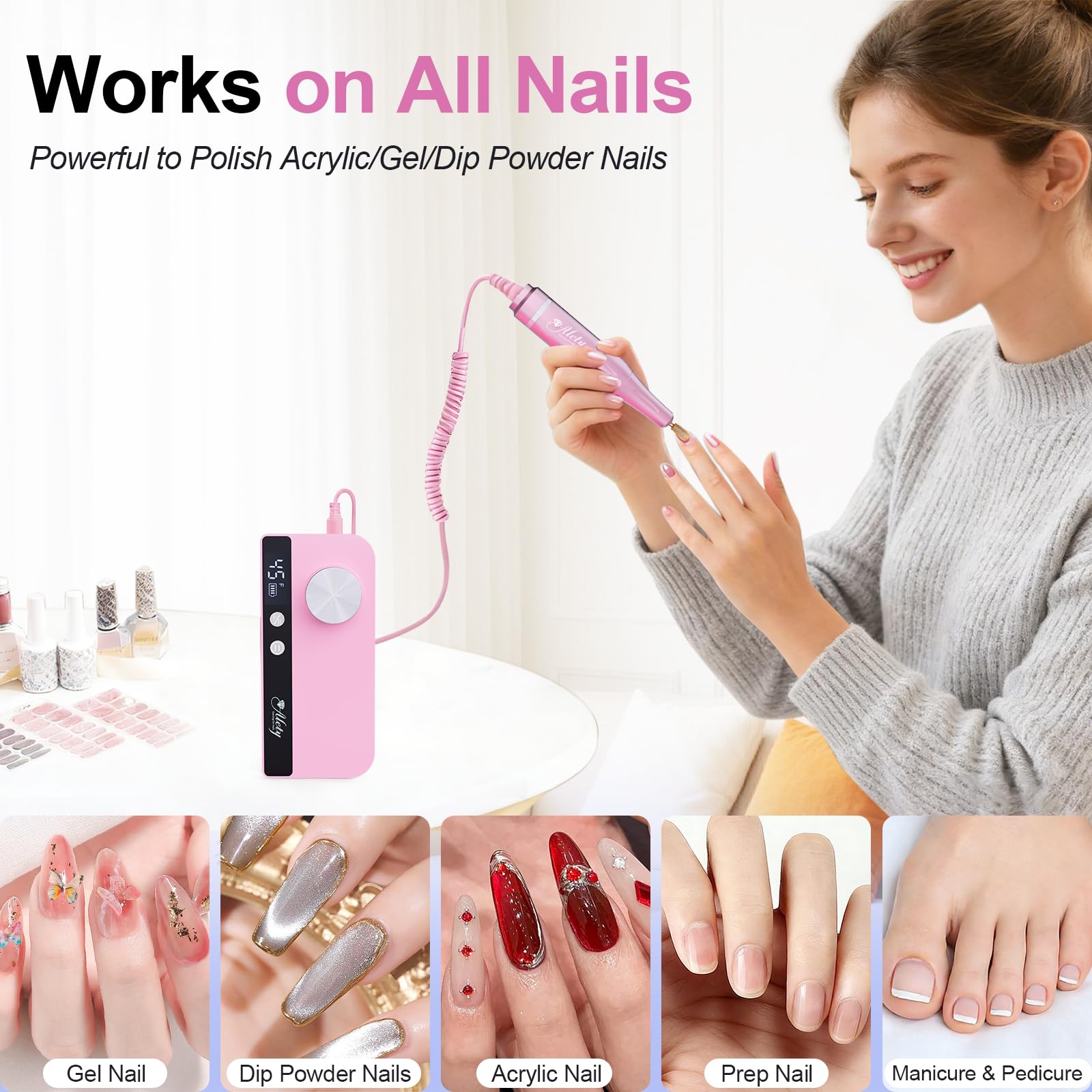 Alety drill in use during manicure, illustrating precise shaping benefit