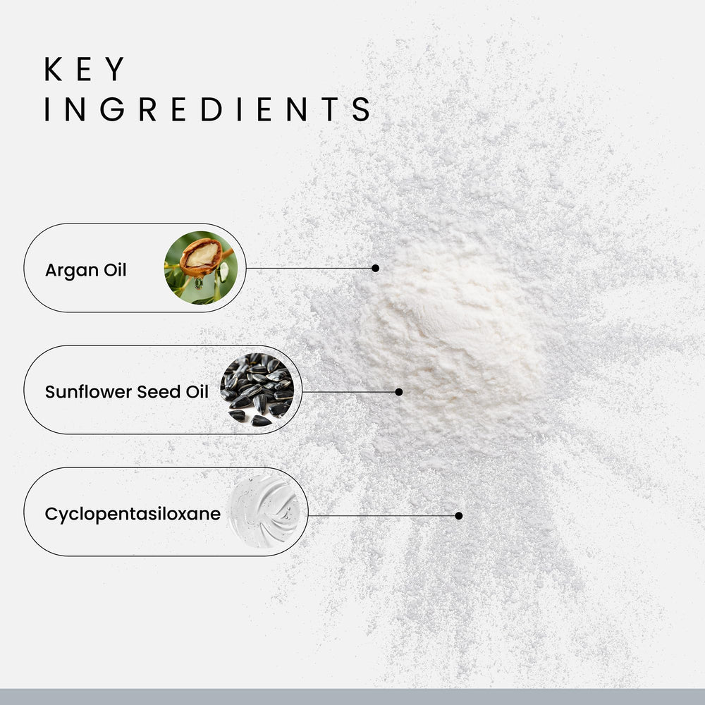 Close-up of Alex Costa powder texture highlighting fine, weightless particles