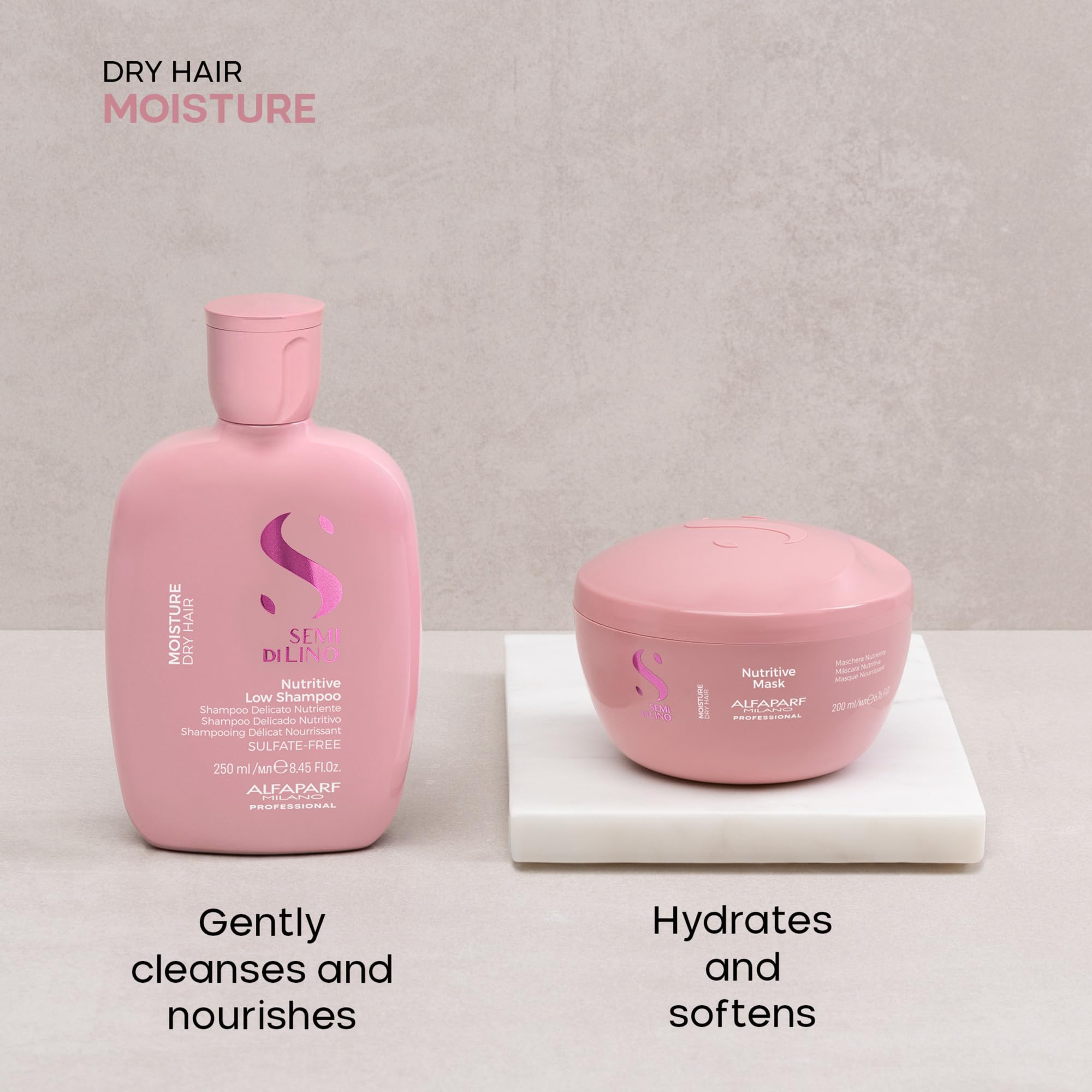 Alfaparf Milano shampoo pump closeup highlighting gentle cleansing action