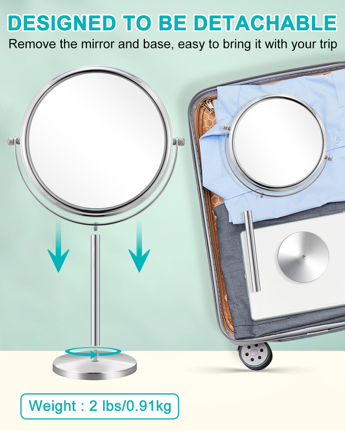 ALHAKIN mirror with detached base for compact travel and packing benefit