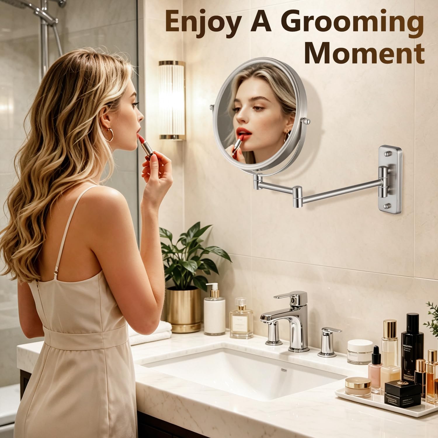 ALHAKIN mirror on bathroom vanity showing practical everyday styling benefit