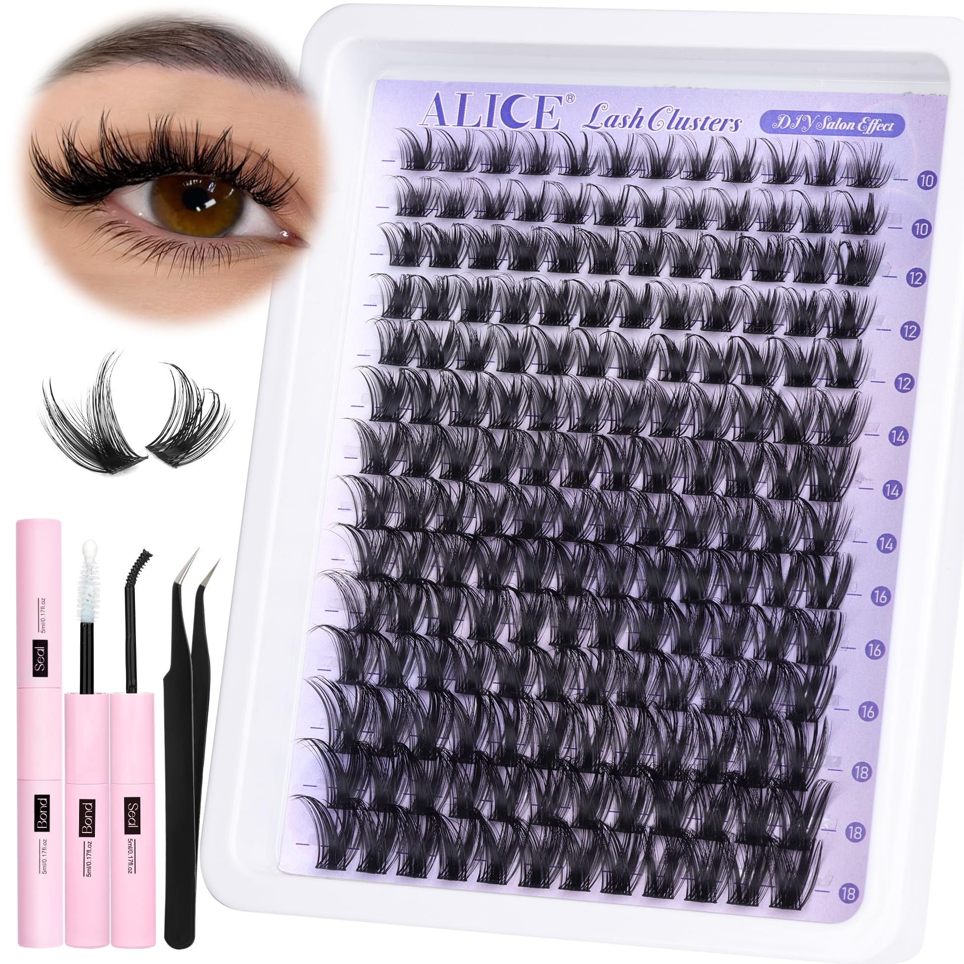 ALICE close-up of assorted 10–18mm lash clusters showing length variety