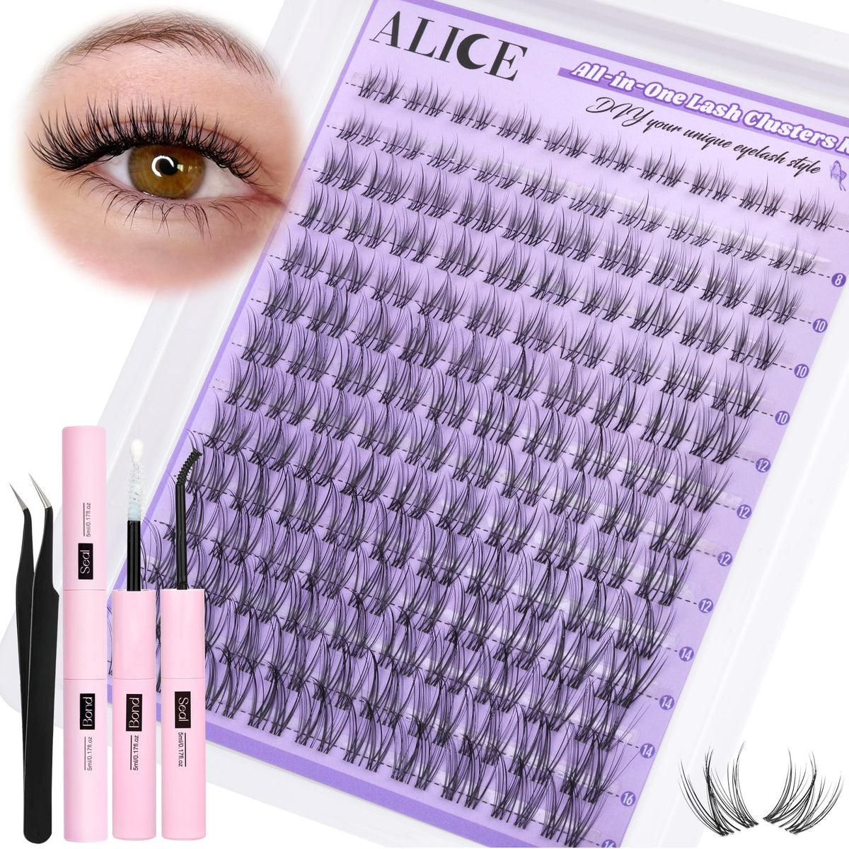 ALICE front packaging of cluster lash kit showing contents and benefits