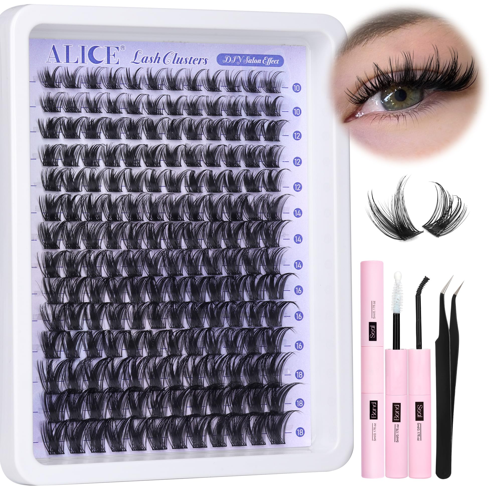 ALICE front packaging of lash cluster kit showing included contents and benefits