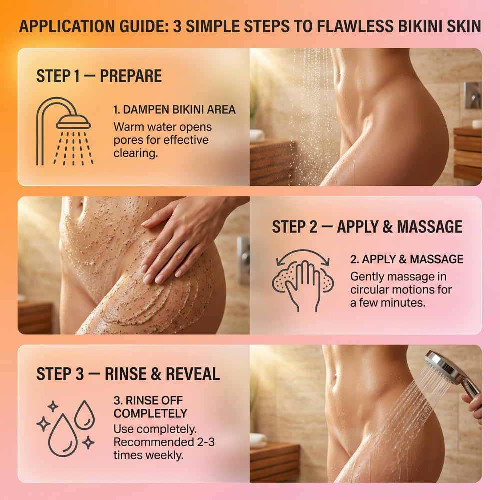 Alicemera scrub applied in shower showing practical bikini-area use and rinseability