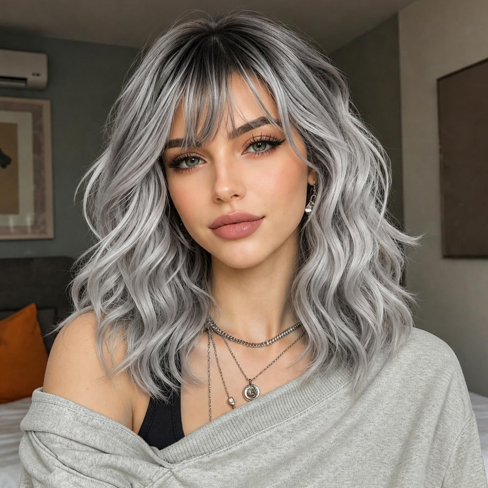Alinyasha front view showing ombre silver gray bob and flattering bangs benefit instant style