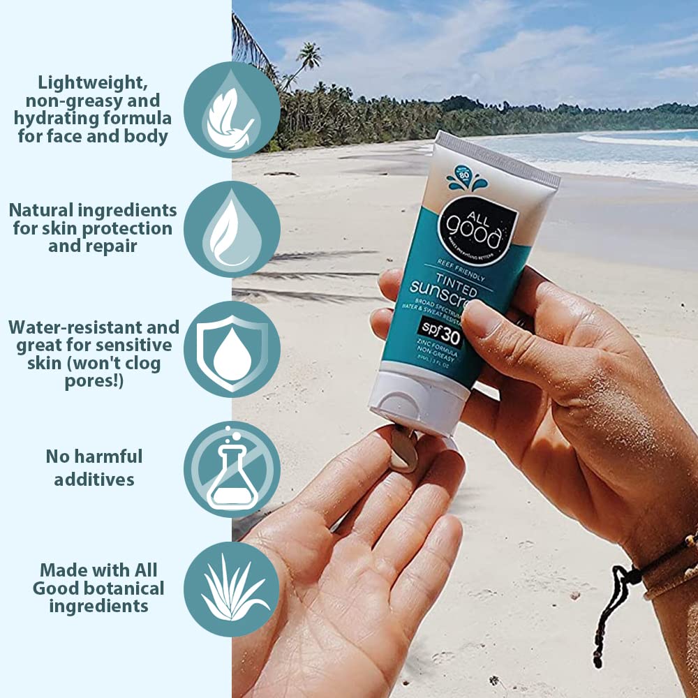All Good applying tinted sunscreen to face, evens skin tone naturally