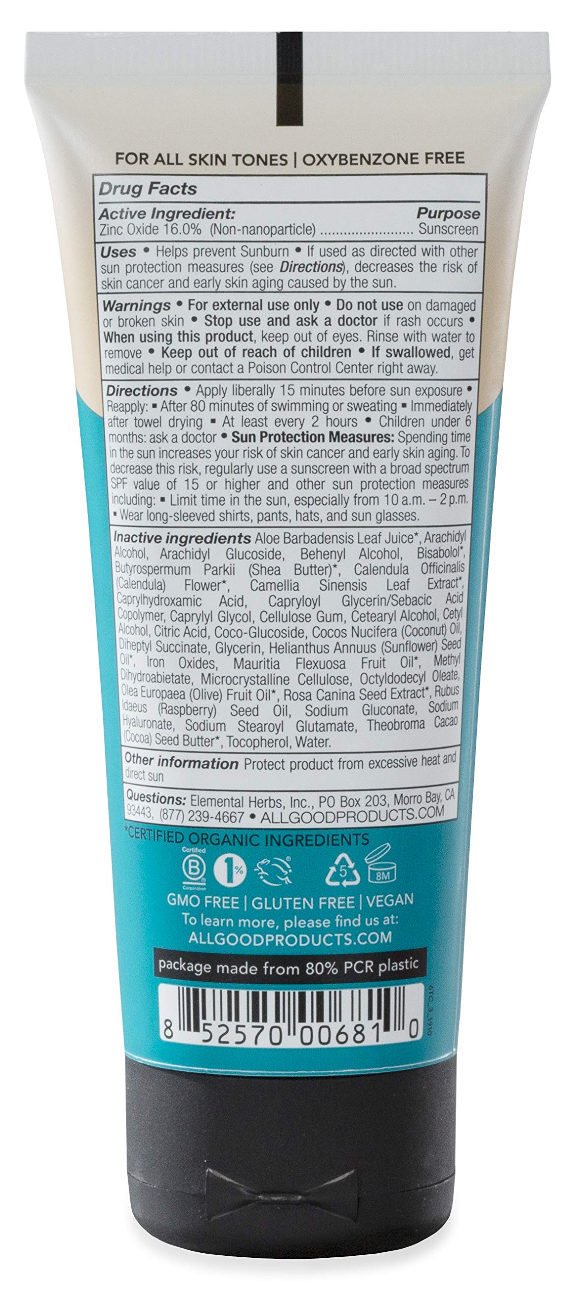 All Good label close-up showing zinc oxide and reef-friendly promise