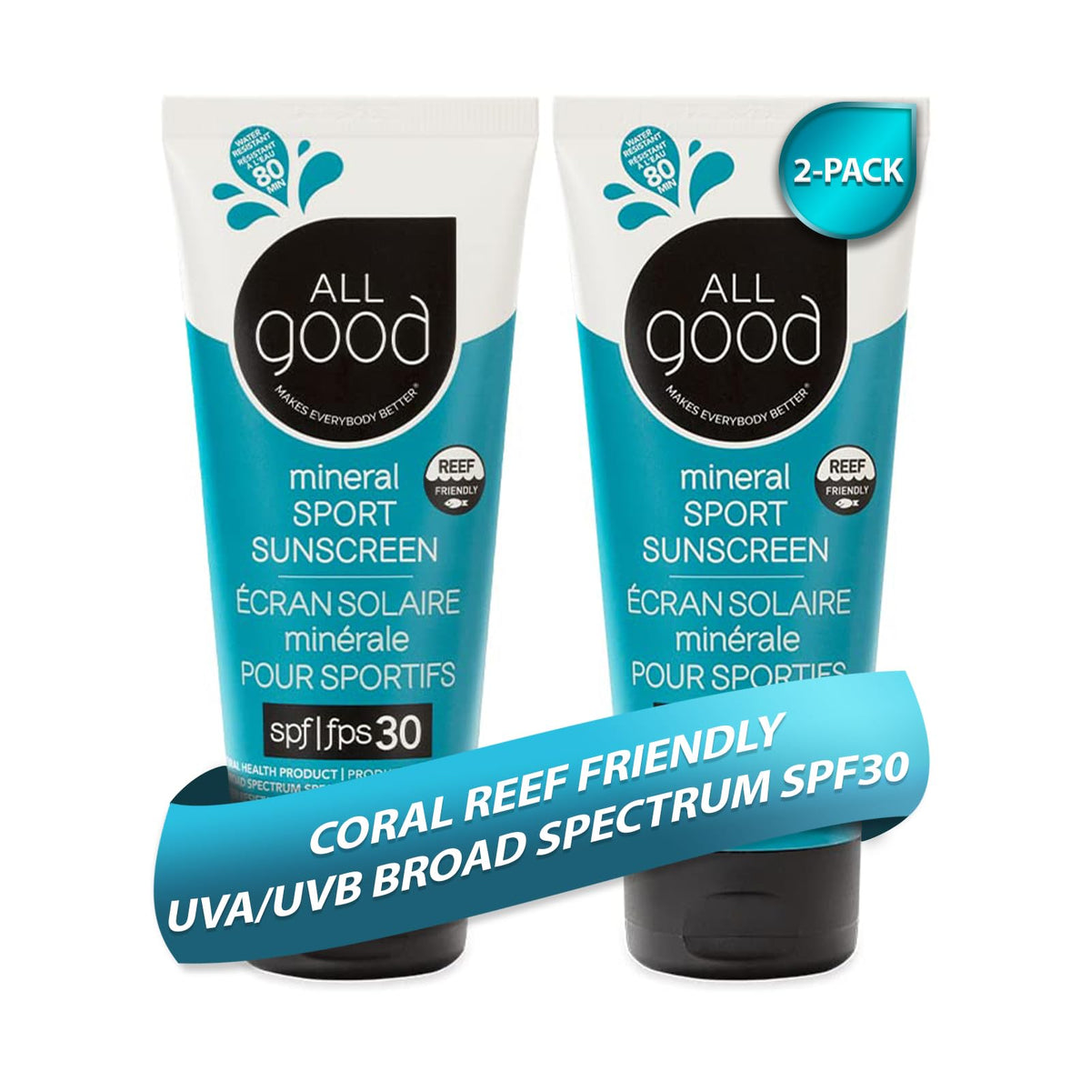 All Good Makes Everything Better front packaging showing SPF 30 label and twin 3 oz tubes for active use