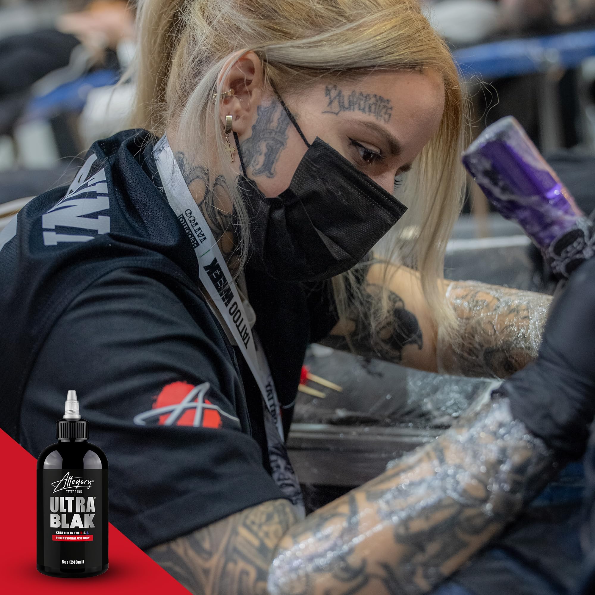 Allegory Ultra BLAK in use during tattooing demonstrating smooth line work