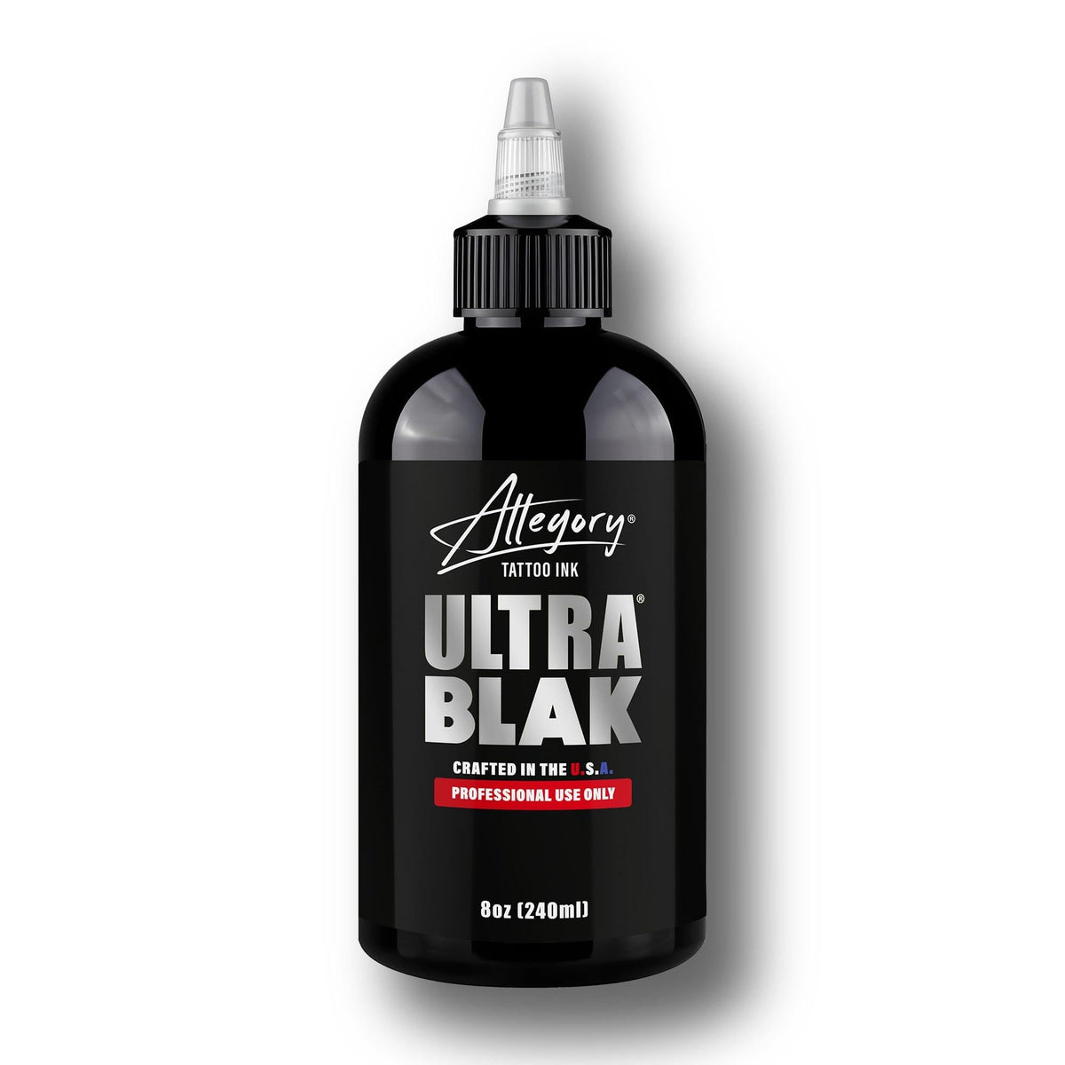 Allegory Ultra BLAK front bottle view showing clear PET packaging and label benefits