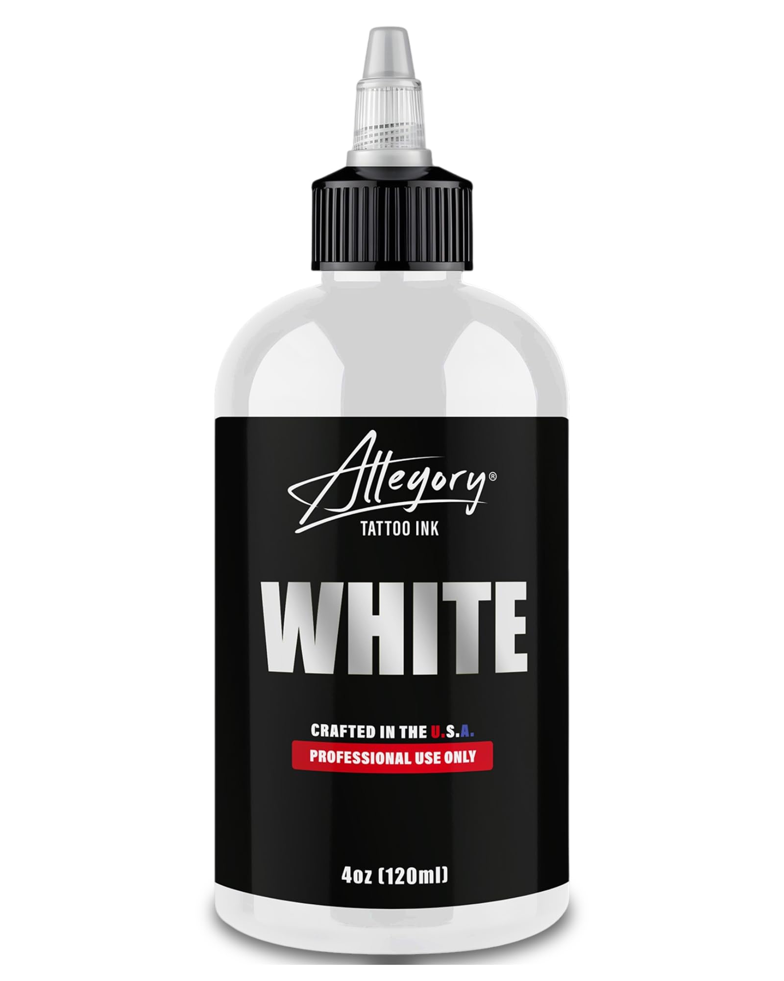 Allegory bottle front view showing clear white ink and label, professional reliability
