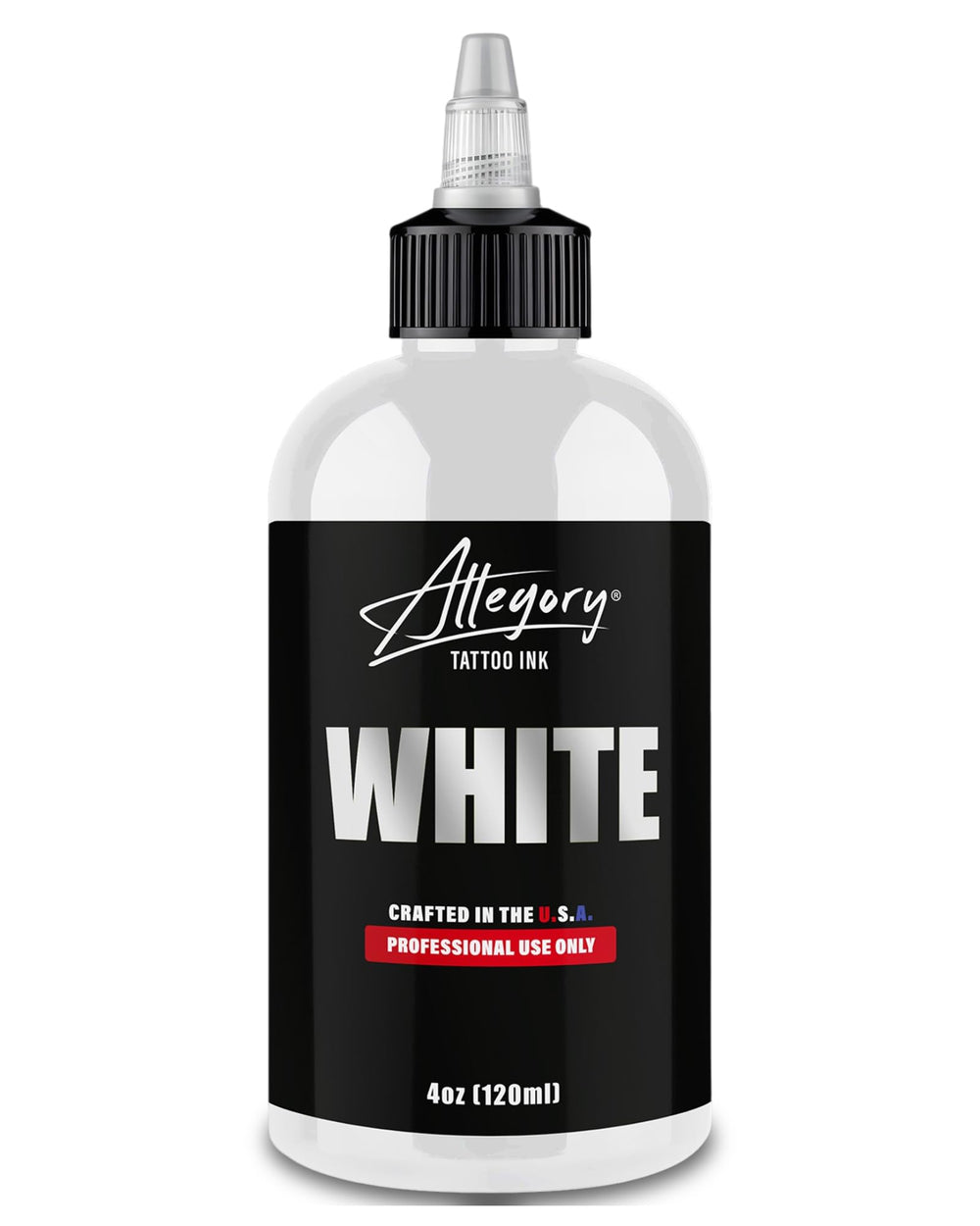 Allegory bottle front view showing clear white ink and label, professional reliability