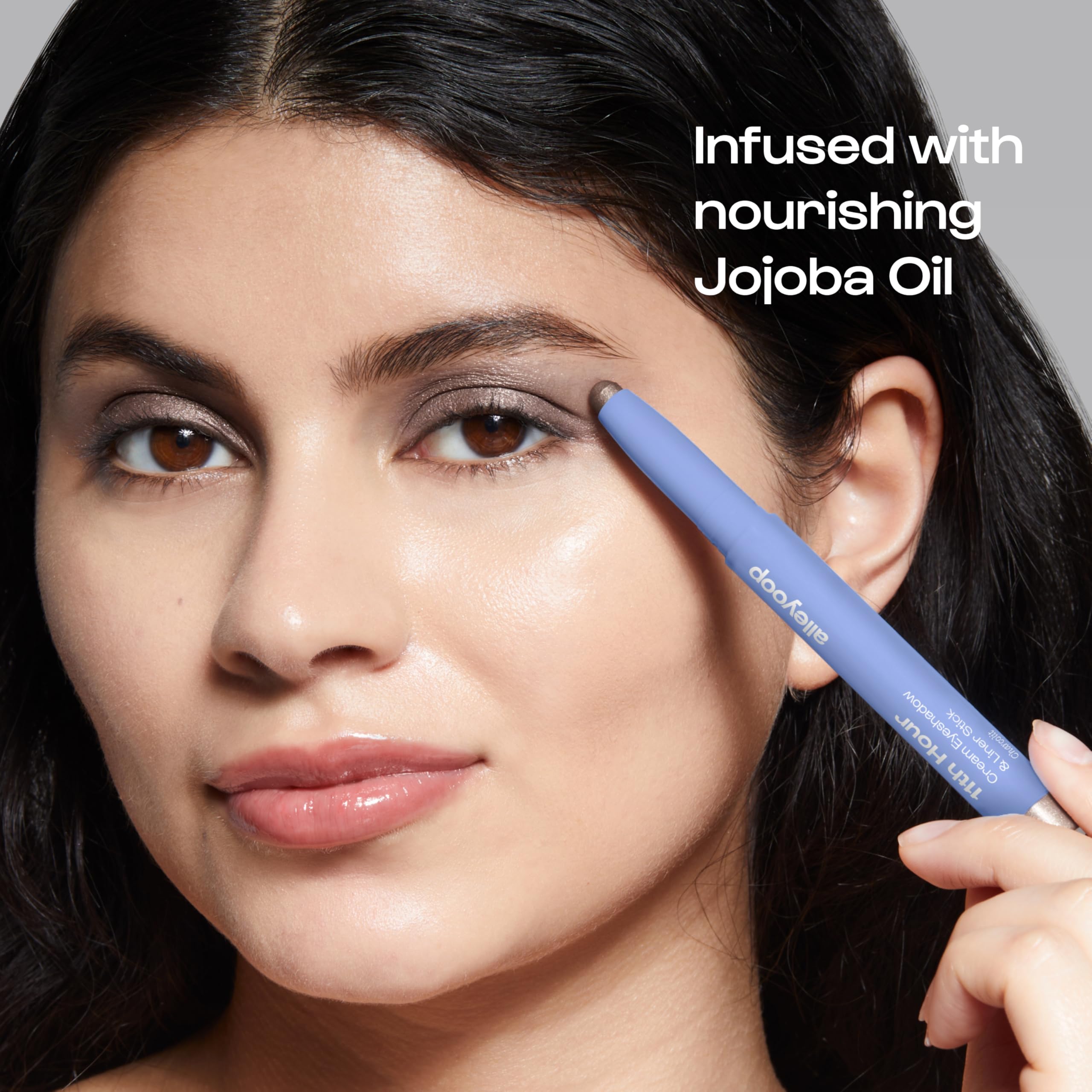ALLEYOOP stick applied on eyelid showing long-wear shimmer finish