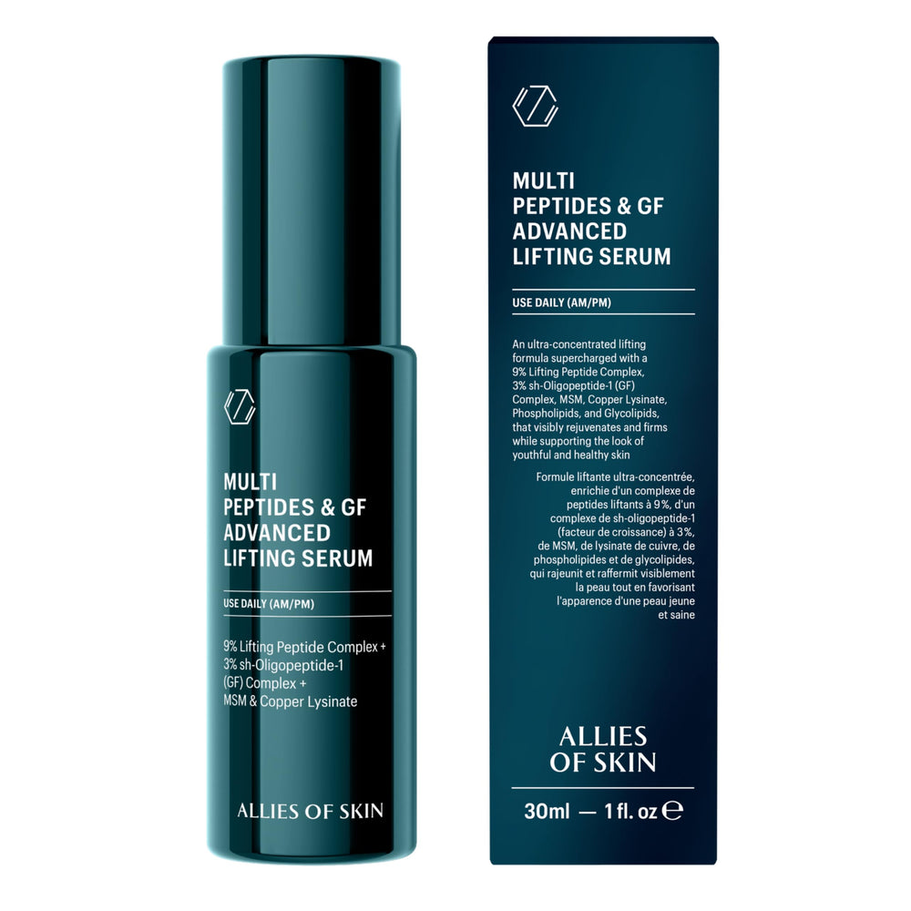 Allies of Skin front packaging showing label and elegant bottle for clear product identification and trust