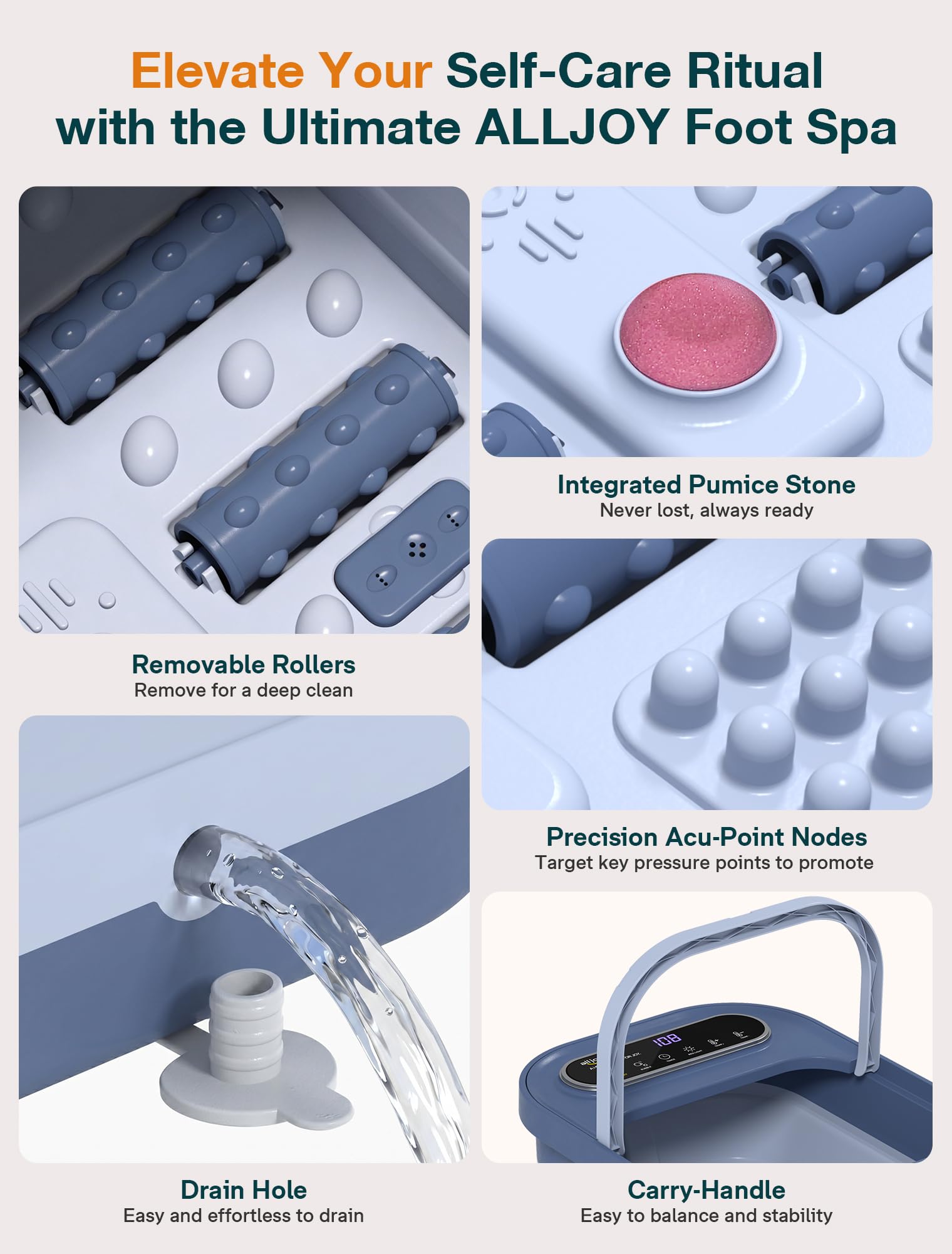 ALLJOY drainage spout and reinforced handle for safe carrying and easy emptying